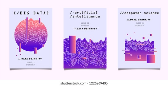 Set of posters for AI (artificial intelligence) conference, Big Data meetup, Hackathon with Glitch Art Minimal Geometric Composition. Cyberpunk/ synthwave style illustrations.