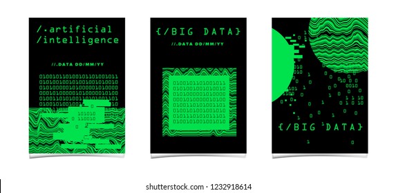 Set of posters for AI (artificial intelligence) conference, Big Data meetup, Hackathon. Cyberpunk/ synthwave style illustrations: matix of binary code, geometric composition with glitch artifact.