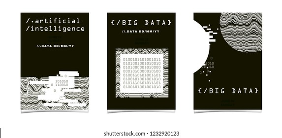 Set of posters for AI (artificial intelligence) conference, DevOps meetup, Hackathon. Cyberpunk/ synthwave style illustrations: matix of binary code, geometric composition with glitch artifact.