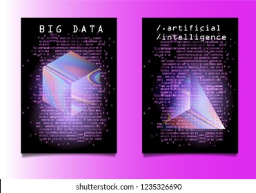 Set of posters for AI (artificial intelligence) conference, Big Data meetup, Hackathon. 3D Holographic Cube and Prism with binary lines of code glowing in the dark. Cyberpunk/ synthwave style.