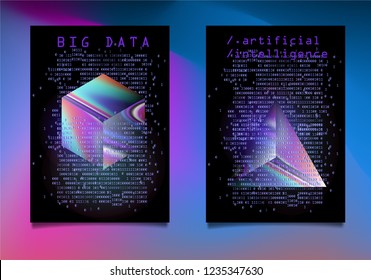 Set of posters for AI (artificial intelligence) conference, Big Data meetup, Hackathon. 3D Holographic Cube and Prism with binary lines of code glowing in the dark. Cyberpunk/ synthwave style.