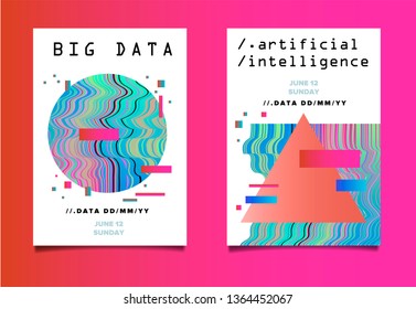 Set of posters for AI (artificial intelligence) conference, Big Data meetup, Hackathon with Glitch Art Minimal Geometric Composition. Cyberpunk/ synthwave style illustrations.