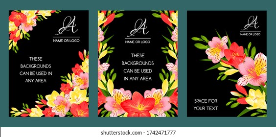 SET OF POSTERS WITH ALSTROEMERIA AND FREESIA FLOWERS IN VECTOR