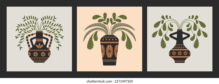 Set of posters with Ancient Greek vases, plants and leaves. Art, pottery, ceramics and culture.
Can be used in print, card or social media design. Vector illustrations isolated on pink background.