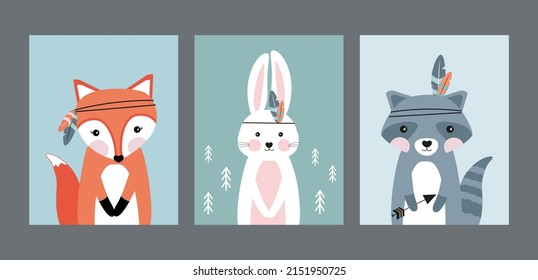 Set of posters with animals - fox, bunny, raccoon. Posters for children, friends are looking for adventure. Pets with feathers on their heads. Raccoon holding an arrow