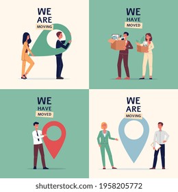 Set Of Posters Announcement About Business Relocation, Change Office Location. Man And Woman Holding Icon Of Geolocation And Box With Stationery Moving To New Work Address. Vector.