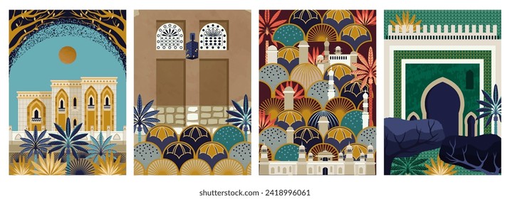 Afiches con arquitectura de ciudades árabes. Tarjetas de saludo para la festividad islámica de Ramadán con mezquitas y edificios orientales. Eid Mubarak. Dibujo vectorial plano de dibujos animados aislado en fondo blanco