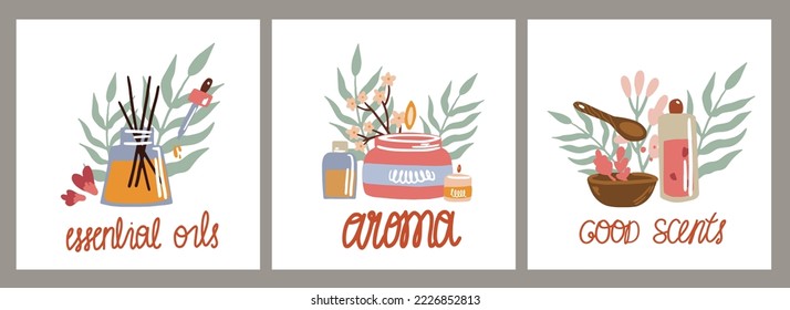 Carteles para aromaterapia y aceites esenciales. El concepto de salud y relajación