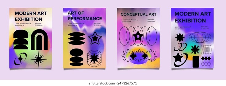 Set of posters for art events with  brutalist Y2K forms and geometric elements.