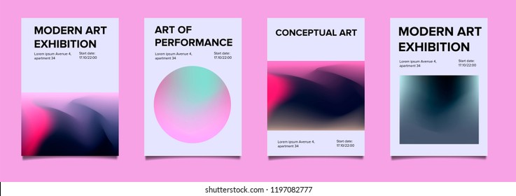 Set of posters for art exhibition or music event in minimalistic style with holographic fluid shapes.