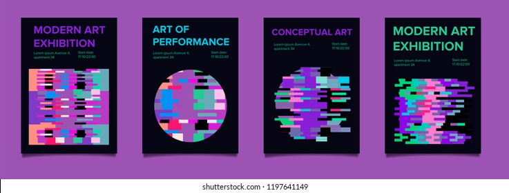 Set of posters for art exhibition of music event in cyberpunk/ vaporwave style. Contemporary postmodern art, glitched and pixelized circles and squares.