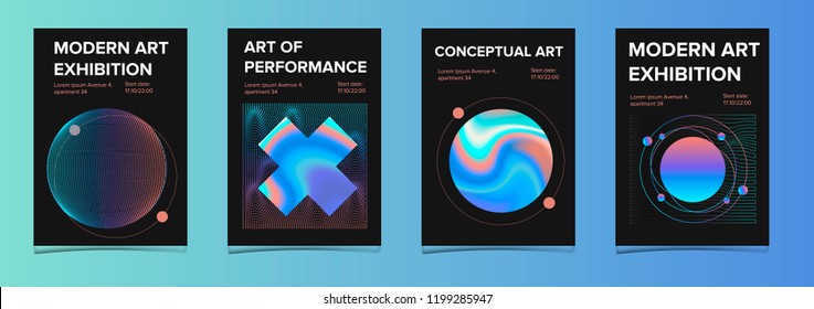 Set of posters for art exhibition or music event with holographic spheres on dark background. Modern, psychedelic, surreal design. Trendy neon colors, retrowave/ synthwave 80s-90s aesthetics.