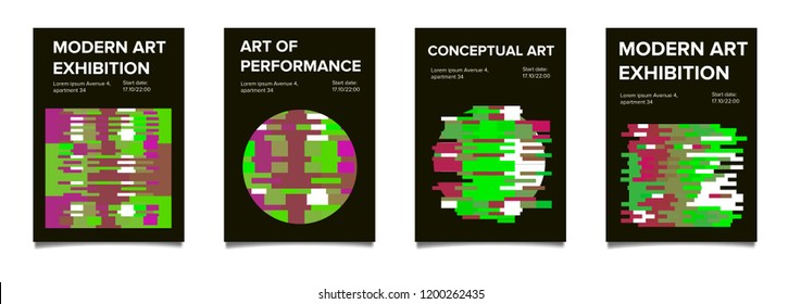 Set of posters for art exhibition or music event in cyberpunk/ vaporwave style. Contemporary postmodern art, glitched and pixelized circles and squares.