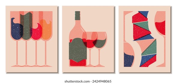 Set of posters, arts with wine, glasses and bottle in risograph print style