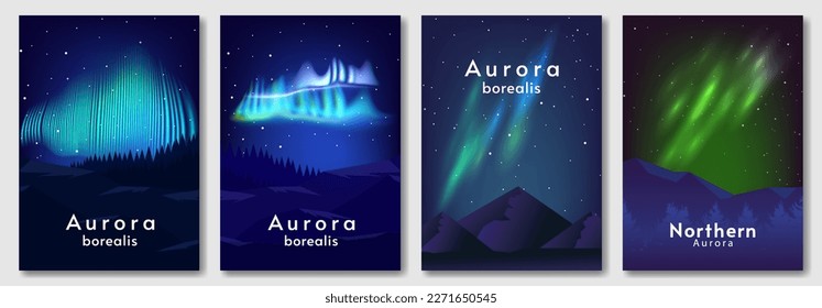 Satz Poster. Aurora-Landschaft. Nachts Sternenhimmel. Design für Cover, Poster, Banner, Postkarte, Einladung. 