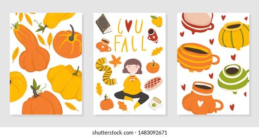 Set of posters for autumn illustrations Cute cozy vector illustration with girl, pumpcin, cup and uther fall elements