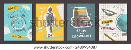 Set of posters back to school. Elements with a photocopy of the Y2K effect. Alarm clock, boy with backpack, stack of books, globe and other design details in pop art style. Vector illustration