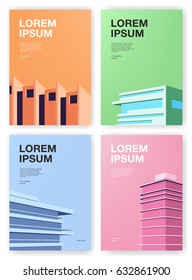 Set of posters. Backgrounds with abstract architecture. Vertical placard with place for text. Colorful vector illustration