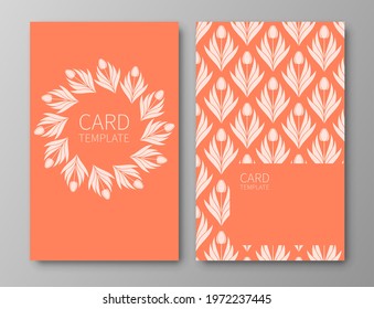 Set of posters, backgrounds with flowers and foliage of tulips. Ornaments from silhouettes of spring flowers. Wreaths, frames with place for text. Electric Tangerine color template.Vector illustration