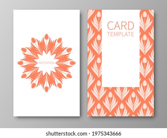 Set of posters, backgrounds with flowers and foliage of tulips. Ornaments from silhouettes of spring flowers. Wreaths, frames with place for text. Electric Tangerine color template.Vector illustration