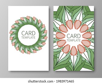 Set of posters, backgrounds with flowers and foliage of tulips. Ornaments and textures from spring flowers. Wreaths, frames with place for text. Cute natural motif for invitations and cards. Vector.