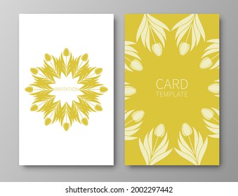 Set of posters, backgrounds with flowers and foliage of tulips. Ornaments from silhouettes of spring flowers.Wreaths,frames with place for text.Yellow color template for invitations and cards. Vector.