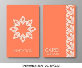Afiches, fondos con flores y follaje de tulipanes. Ornamentos de siluetas de flores primaverales. Coronas, marcos con lugar para el texto. Plantilla de color Tangerina Eléctrica.Ilustración vectorial