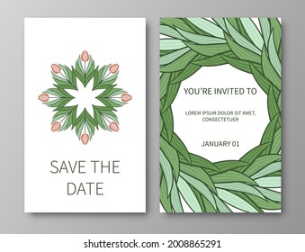 Set of posters, backgrounds with flowers and foliage of tulips. Ornaments and textures from spring flowers. Wreaths, frames with place for text. Cute natural motif for invitations and cards. Vector.