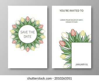 Set of posters, backgrounds with flowers and foliage of tulips. Ornaments and textures from spring flowers. Wreaths, frames with place for text. Cute natural motif for invitations and cards. Vector.