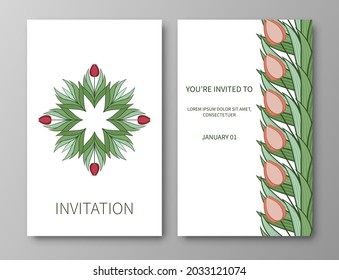 Afiches, fondos con flores y follaje de tulipanes. Ornamentos y texturas de flores primaverales. Coronas, marcos con lugar para el texto. Motivo natural para invitaciones y tarjetas. Vector.