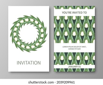Set of posters, backgrounds with flowers and foliage of tulips. Ornaments and textures from spring flowers. Wreaths, frames with place for text. Cute natural motif for invitations and cards. Vector.