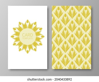 Set of posters, backgrounds with flowers and foliage of tulips. Ornaments from silhouettes of spring flowers.Wreaths,frames with place for text.Yellow color template for invitations and cards. Vector.