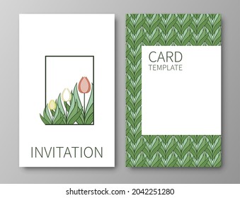 Afiches, fondos con flores y follaje de tulipanes. Ornamentos y texturas de flores primaverales. Coronas, marcos con lugar para el texto. Motivo natural para invitaciones y tarjetas. Vector.