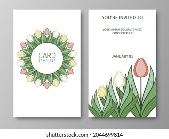 Set of posters, backgrounds with flowers and foliage of tulips. Ornaments and textures from spring flowers. Wreaths, frames with place for text. Cute natural motif for invitations and cards. Vector.
