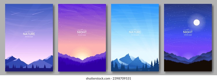 A set of posters for backgrounds, postcards, covers, wallpapers. Mountain landscapes, mountains and forest, night scene, sunset. Minimalistic vector images. Concept of tourism, mountain hiking.