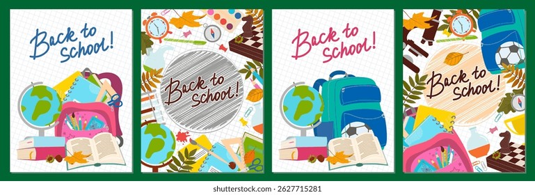 Set of posters, banners. Back to school with backpack, school bag, globe, pencil. Vector illustration. Hand drawn