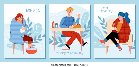 A set of posters or banners with characters with symptoms of the flu virus, coronavirus or cold. Alternative home treatment. Stay healthy. Vector flat illustrations