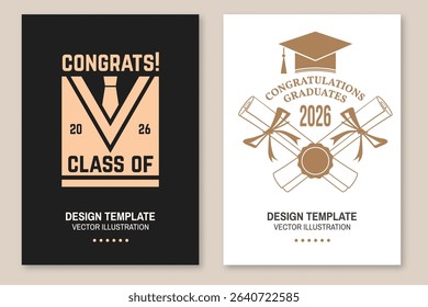Set of posters and banners for class of 2026 graduation. Vector. Congratulations graduates banner sticker card with academic hat for high school or college graduation