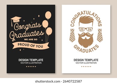 Set of posters and banners for class of 2026 graduation. Vector. Congratulations graduates banner sticker card with academic hat for high school or college graduation