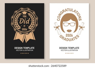 Set of posters and banners for class of 2026 graduation. Vector. Congratulations graduates banner sticker card with academic hat for high school or college graduation