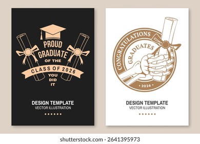 Set of posters and banners for class of 2026 graduation. Vector. Congratulations graduates banner sticker card with academic hat for high school or college graduation