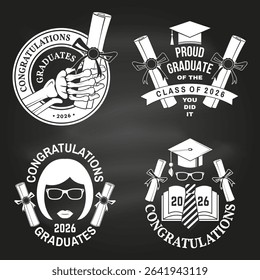 Set of posters and banners for class of 2026 graduation on the chalkboard. Vector. Congratulations graduates banner sticker card with academic hat for high school or college graduation
