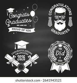 Set of posters and banners for class of 2026 graduation on the chalkboard. Vector. Congratulations graduates banner sticker card with academic hat for high school or college graduation