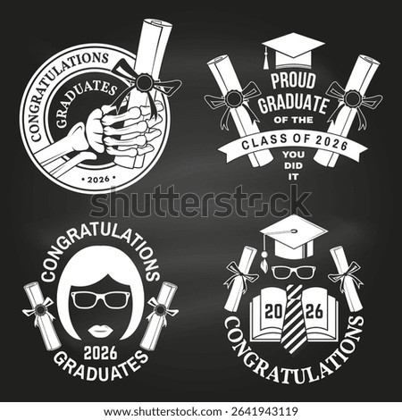 Set of posters and banners for class of 2026 graduation on the chalkboard. Vector. Congratulations graduates banner sticker card with academic hat for high school or college graduation