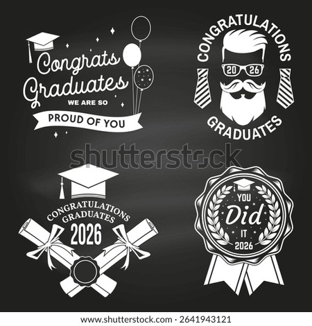 Set of posters and banners for class of 2026 graduation on the chalkboard. Vector. Congratulations graduates banner sticker card with academic hat for high school or college graduation