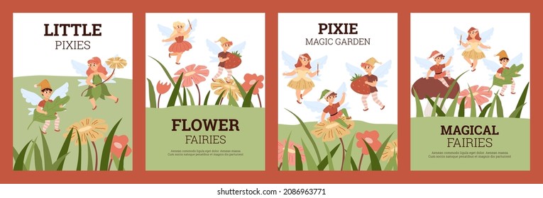 Set of posters or banners with magical fairies and pixies, flat vector illustration in cartoon style. Cute childish characters fly with magic wand and strawberry in flowers and garden.