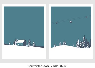 Conjunto de carteles, banners, postales Escandinavia. Paisaje invernal. Diseño minimalista, estilo moderno.