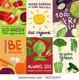 Set of posters and banners with vegetables, herbs and typographic letterings on colorful backgrounds isolated vector illustration 