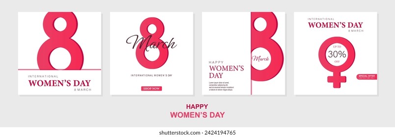  Carteles o pancartas con el Día de la Mujer. 8 de marzo. Oferta especial 30% de descuento. Antecedentes en venta. Feliz cabecera de día de la mujer o plantilla de cupón.