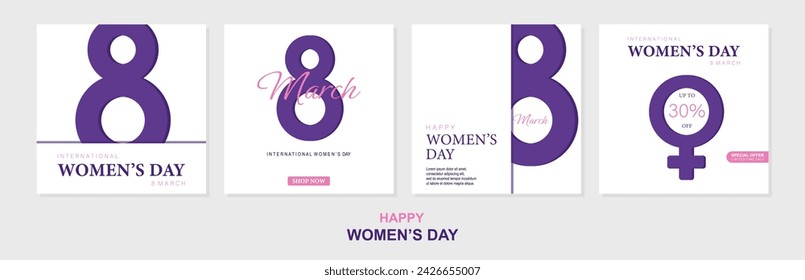 Conjunto de carteles o banners con el Día de la Mujer. 8 de marzo. Oferta especial de descuento. Antecedentes en venta. Plantilla de encabezado o cupón del día de la mujer feliz.